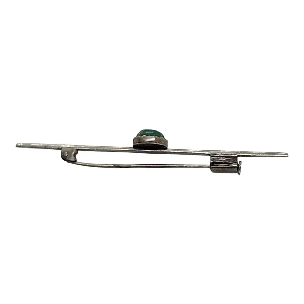 Antique Long Bar Brooch Pin Sterling Silver Jade Cabochon Tie Suite Collar Hat